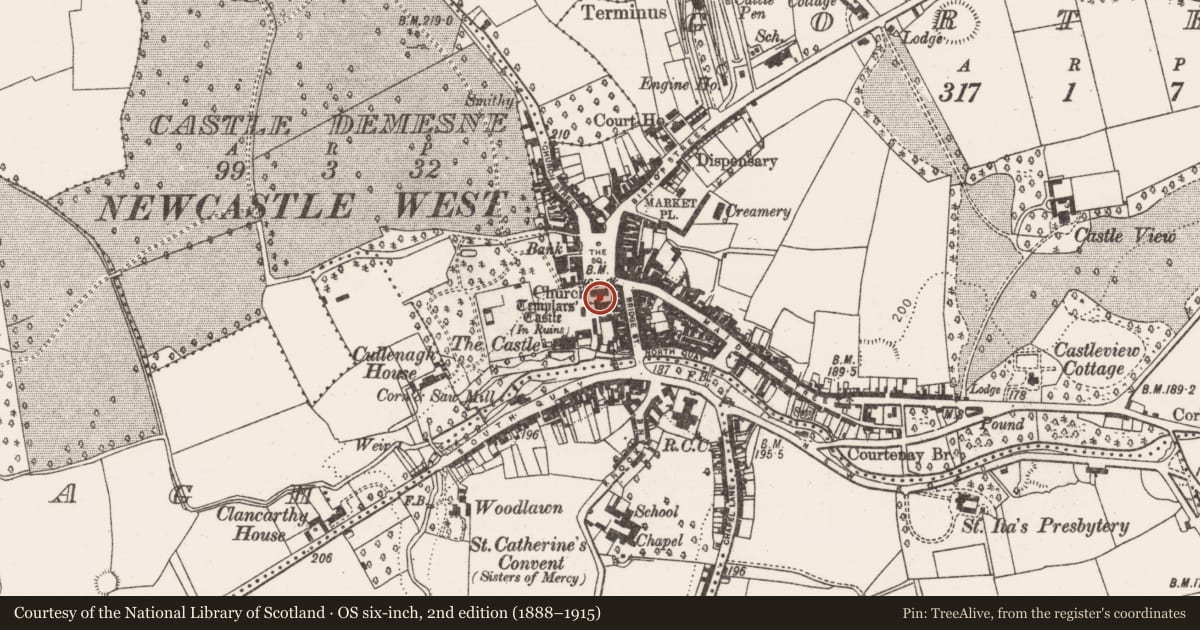 Ordnance Survey six-inch map, 2nd edition (1888–1915) covering the location of Church, Castle Demesne, Gortboy, County Limerick, with a pin at the register's coordinates