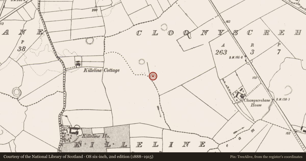 Ordnance Survey six-inch map, 2nd edition (1888–1915) covering the location of Ringfort - rath, Killeline, County Limerick, with a pin at the register's coordinates