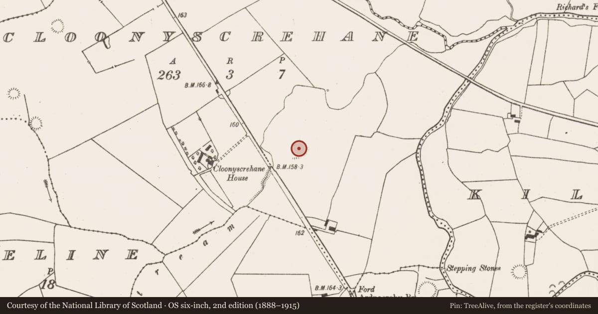 Ordnance Survey six-inch map, 2nd edition (1888–1915) covering the location of Ringfort - rath, Cloonyscrehane, County Limerick, with a pin at the register's coordinates
