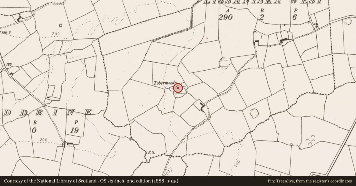 Ordnance Survey six-inch map, 2nd edition (1888–1915) covering the location of Ritual site - holy well, Lissaniska West, County Limerick, with a pin at the register's coordinates