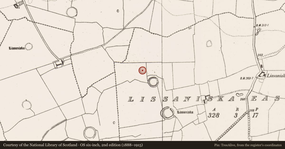 Ordnance Survey six-inch map, 2nd edition (1888–1915) covering the location of Ringfort - rath, Lissaniska East, County Limerick, with a pin at the register's coordinates