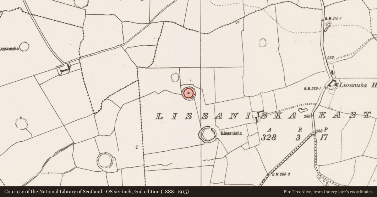 Ordnance Survey six-inch map, 2nd edition (1888–1915) covering the location of Ringfort - rath, Lissaniska East, County Limerick, with a pin at the register's coordinates