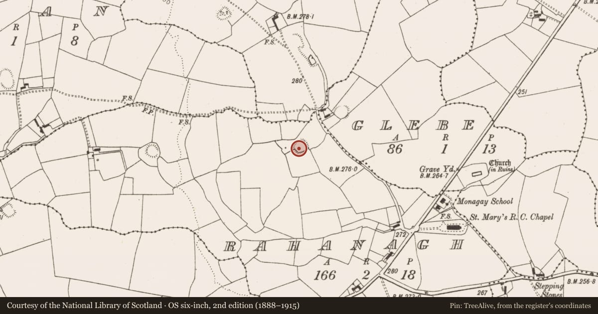 Ordnance Survey six-inch map, 2nd edition (1888–1915) covering the location of Ringfort - rath, Rahanagh, County Limerick, with a pin at the register's coordinates
