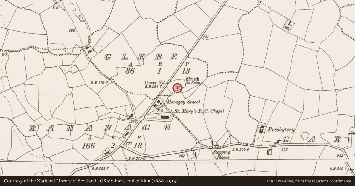 Ordnance Survey six-inch map, 2nd edition (1888–1915) covering the location of Church, Glebe, County Limerick, with a pin at the register's coordinates