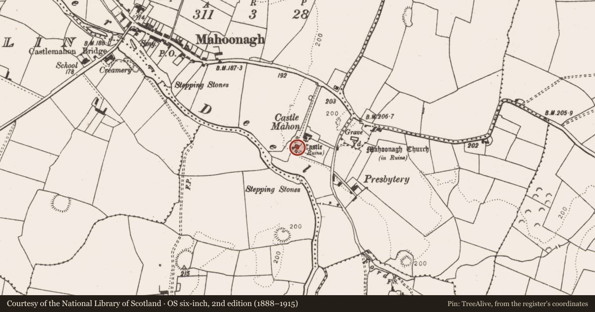Ordnance Survey six-inch map, 2nd edition (1888–1915) covering the location of Castle - tower house, Mahoonagh More, County Limerick, with a pin at the register's coordinates