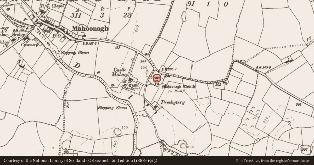 Ordnance Survey six-inch map, 2nd edition (1888–1915) covering the location of Graveyard, Mahoonagh Beg, County Limerick, with a pin at the register's coordinates