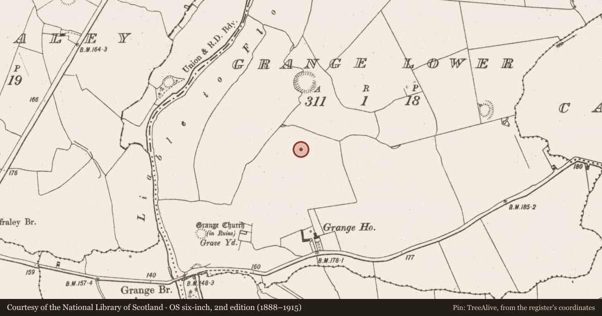 Ordnance Survey six-inch map, 2nd edition (1888–1915) covering the location of Barrow - ditch barrow, Grange Lower, County Limerick, with a pin at the register's coordinates