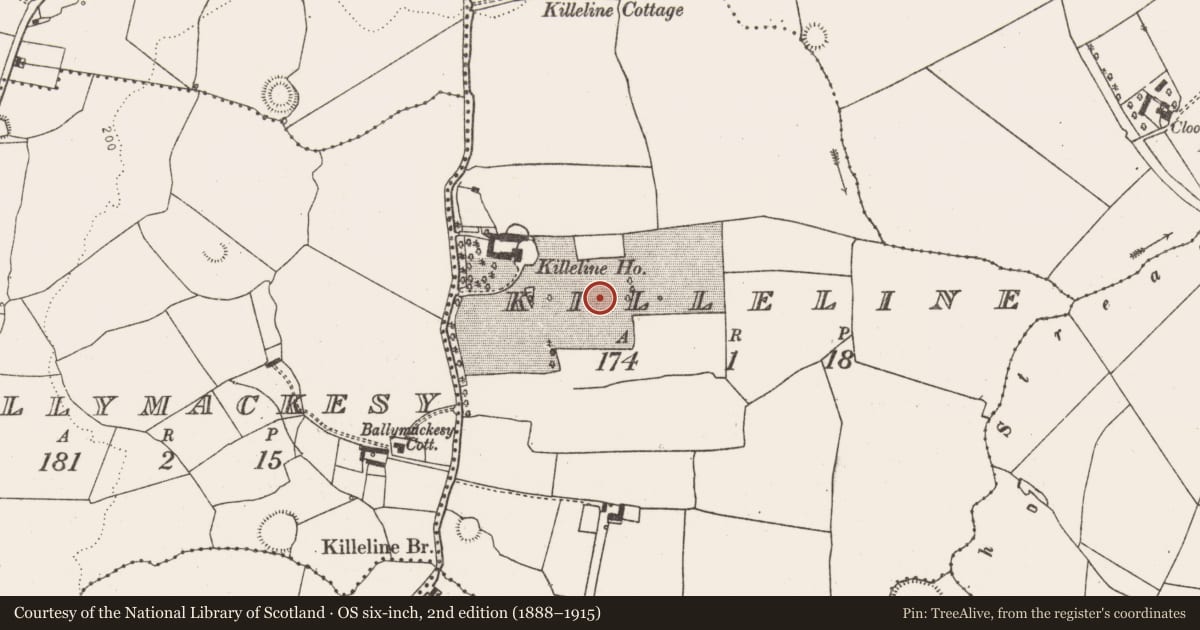 Ordnance Survey six-inch map, 2nd edition (1888–1915) covering the location of Enclosure, Killeline, County Limerick, with a pin at the register's coordinates