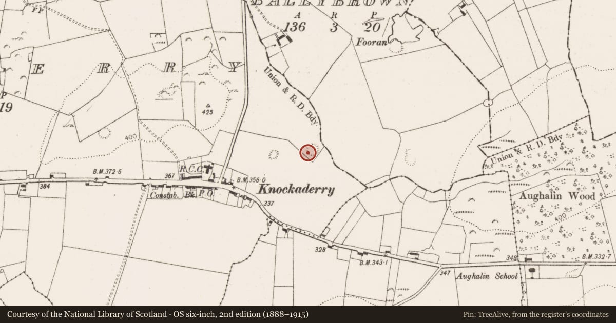 Ordnance Survey six-inch map, 2nd edition (1888–1915) covering the location of Ringfort - rath, Knockaderry, County Limerick, with a pin at the register's coordinates