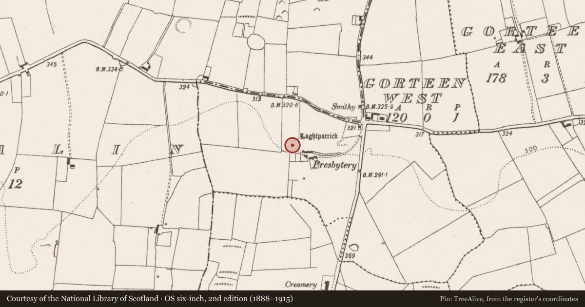 Ordnance Survey six-inch map, 2nd edition (1888–1915) covering the location of Penitential station, Gorteen West, County Limerick, with a pin at the register's coordinates