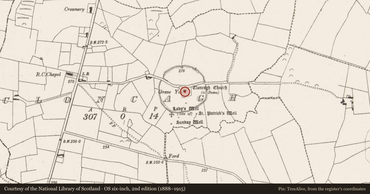 Ordnance Survey six-inch map, 2nd edition (1888–1915) covering the location of Church, Cloncagh, County Limerick, with a pin at the register's coordinates