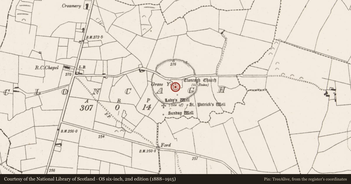 Ordnance Survey six-inch map, 2nd edition (1888–1915) covering the location of Graveyard, Cloncagh, County Limerick, with a pin at the register's coordinates