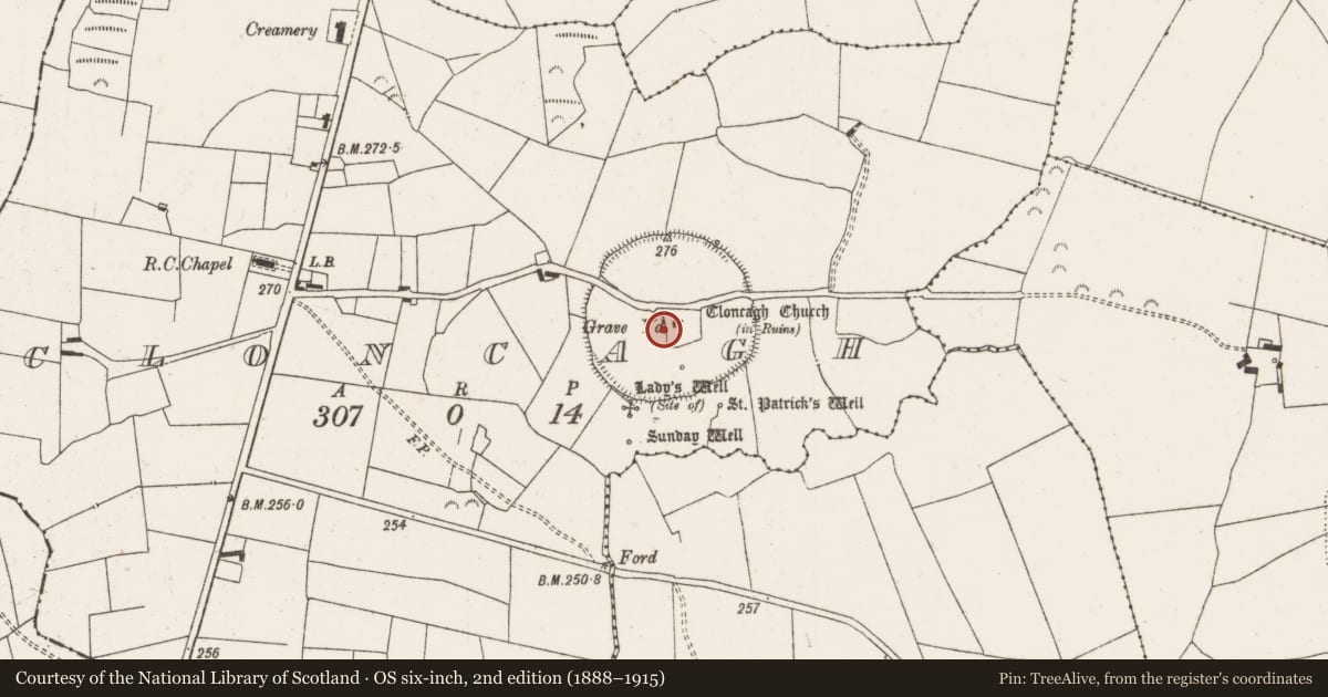 Ordnance Survey six-inch map, 2nd edition (1888–1915) covering the location of Ecclesiastical enclosure, Cloncagh, County Limerick, with a pin at the register's coordinates