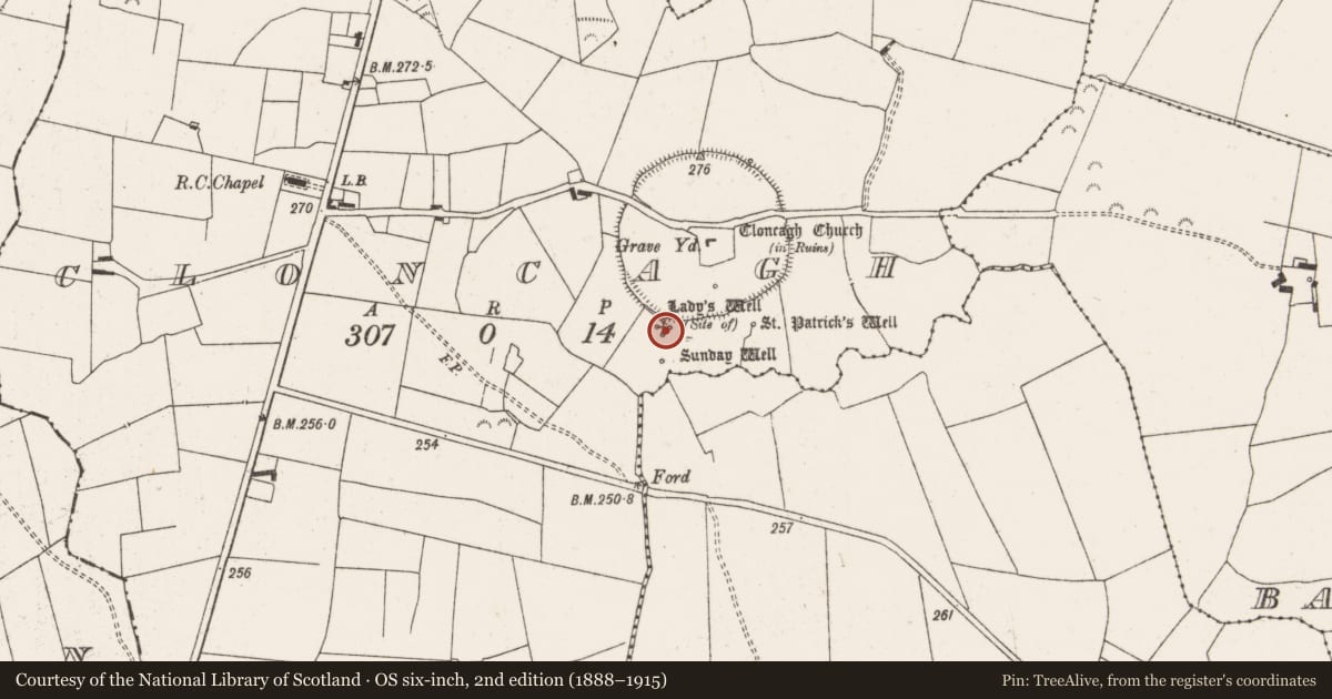 Ordnance Survey six-inch map, 2nd edition (1888–1915) covering the location of Ritual site - holy well, Cloncagh, County Limerick, with a pin at the register's coordinates