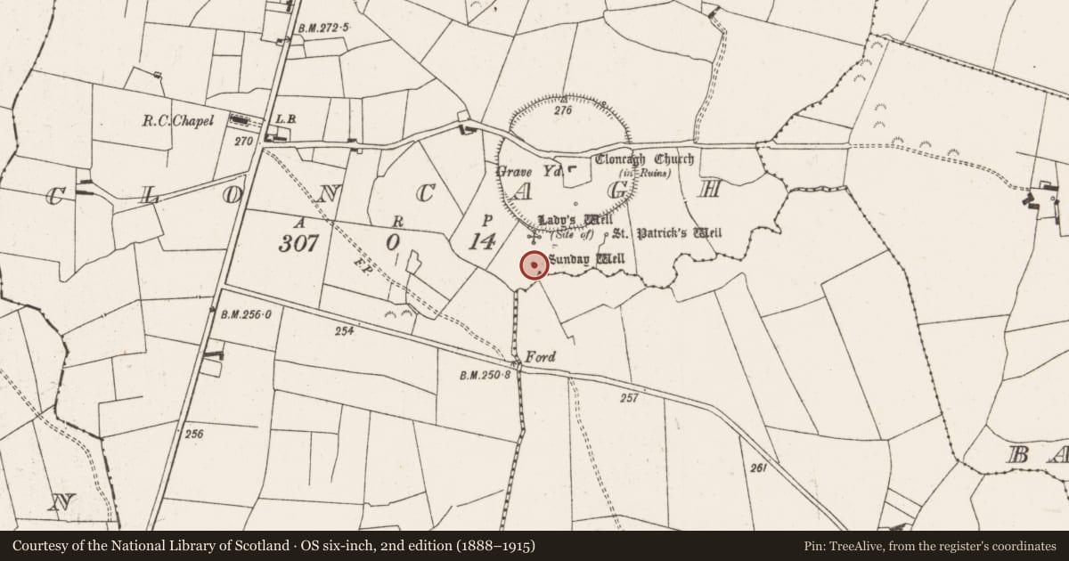 Ordnance Survey six-inch map, 2nd edition (1888–1915) covering the location of Ritual site - holy well, Cloncagh, County Limerick, with a pin at the register's coordinates