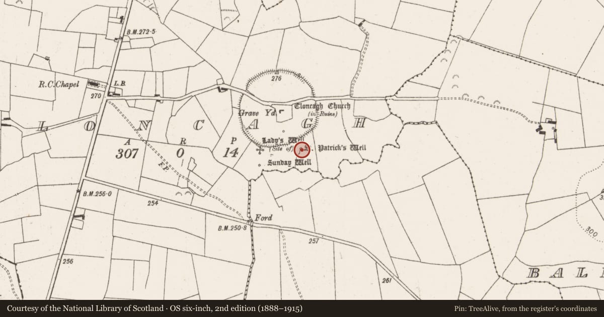 Ordnance Survey six-inch map, 2nd edition (1888–1915) covering the location of Ritual site - holy well, Cloncagh, County Limerick, with a pin at the register's coordinates