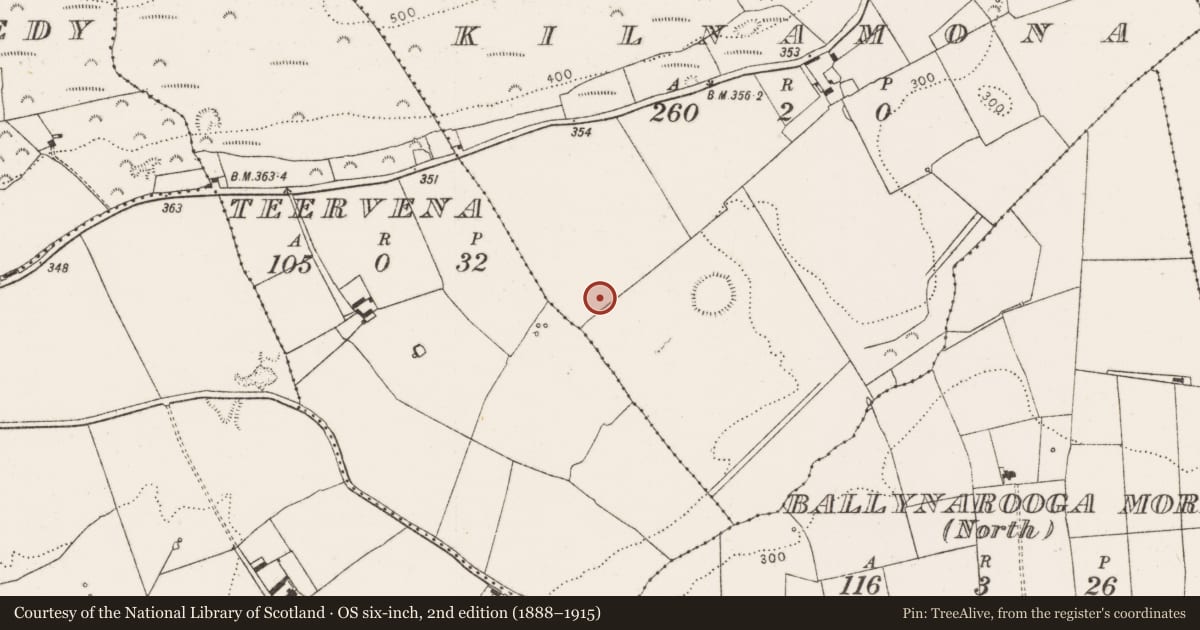 Ordnance Survey six-inch map, 2nd edition (1888–1915) covering the location of Ringfort - rath, Kilnamona, County Limerick, with a pin at the register's coordinates
