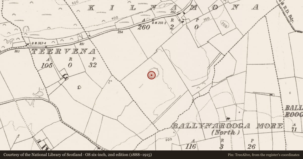 Ordnance Survey six-inch map, 2nd edition (1888–1915) covering the location of Ringfort - rath, Kilnamona, County Limerick, with a pin at the register's coordinates