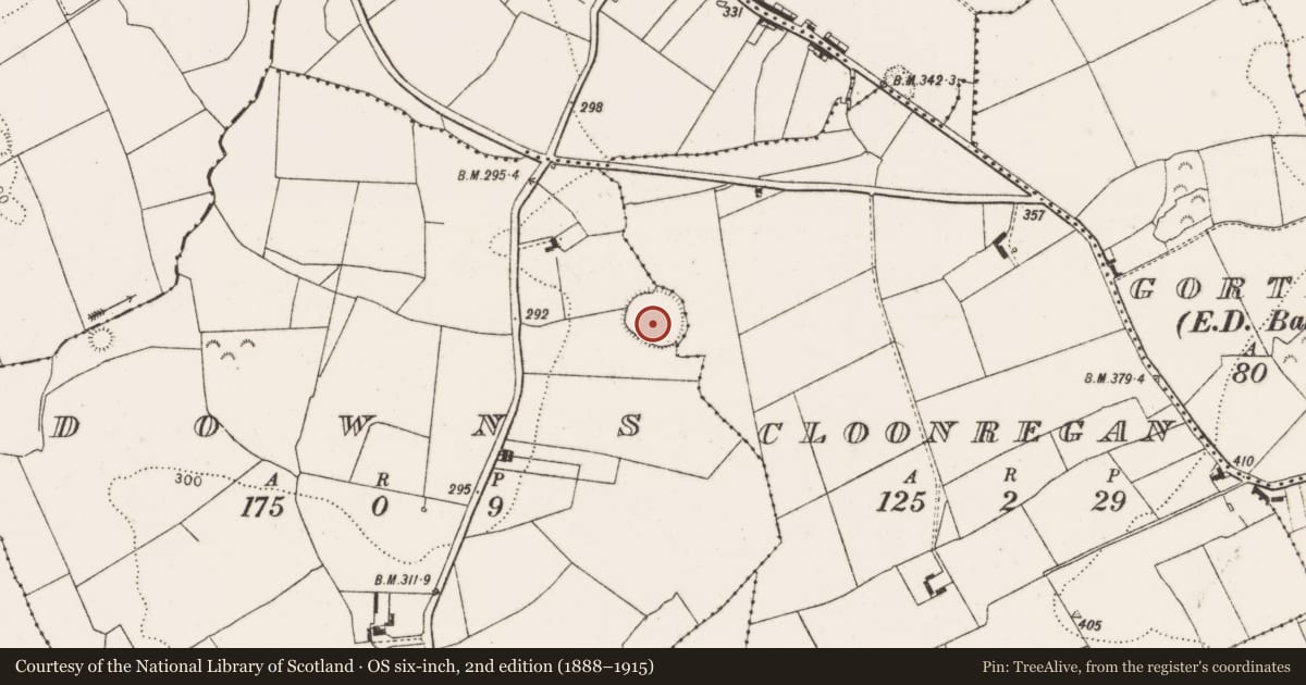 Ordnance Survey six-inch map, 2nd edition (1888–1915) covering the location of Enclosure, Downs, County Limerick, with a pin at the register's coordinates