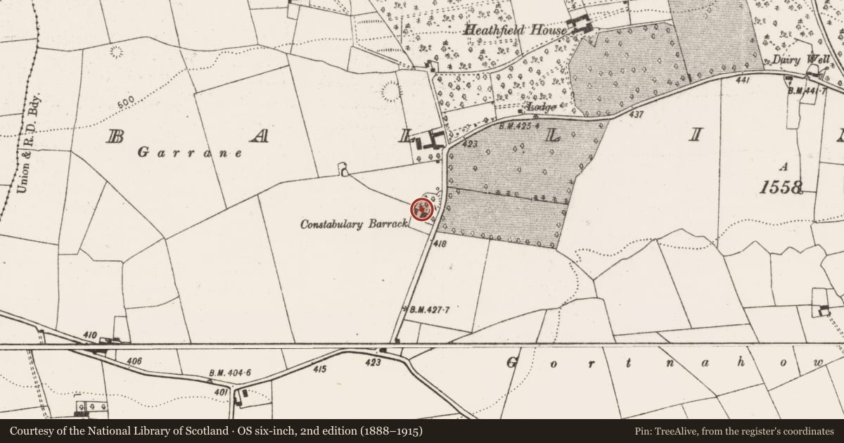Ordnance Survey six-inch map, 2nd edition (1888–1915) covering the location of Ringfort - rath, Ballinruane, County Limerick, with a pin at the register's coordinates