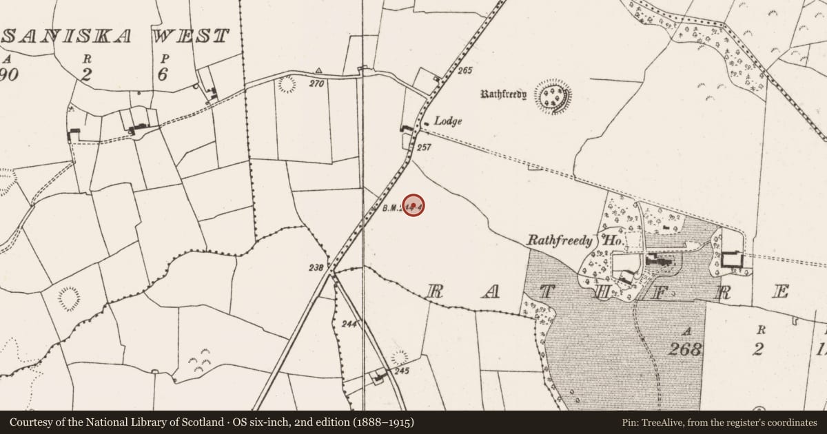 Ordnance Survey six-inch map, 2nd edition (1888–1915) covering the location of Fulacht fia, Rathfreedy, County Limerick, with a pin at the register's coordinates
