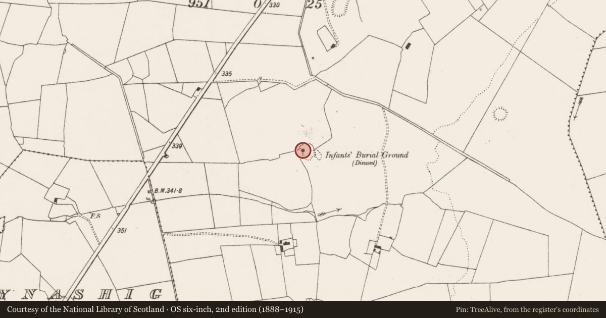 Ordnance Survey six-inch map, 2nd edition (1888–1915) covering the location of Children's burial ground, Ballygrennan, County Limerick, with a pin at the register's coordinates