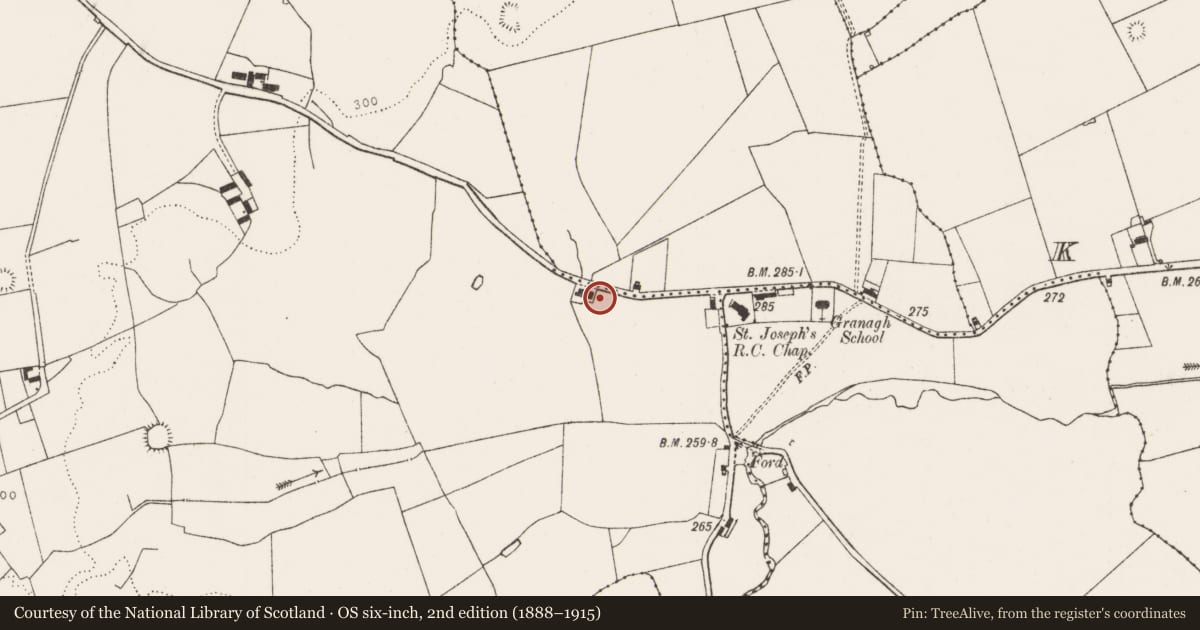Ordnance Survey six-inch map, 2nd edition (1888–1915) covering the location of Ritual site - holy well, Graigacurragh, County Limerick, with a pin at the register's coordinates