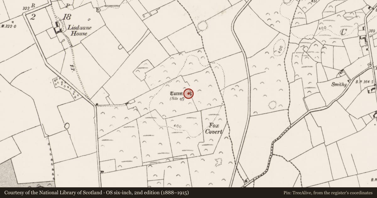 Ordnance Survey six-inch map, 2nd edition (1888–1915) covering the location of Building, Lisduane, County Limerick, with a pin at the register's coordinates