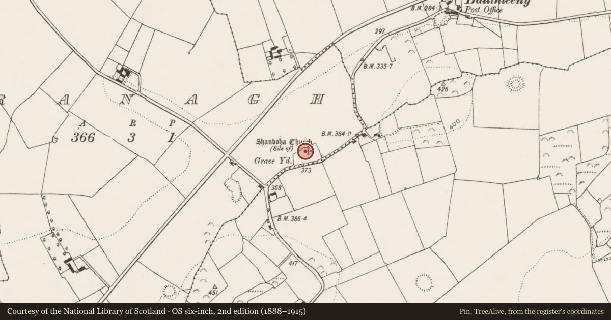 Ordnance Survey six-inch map, 2nd edition (1888–1915) covering the location of Church, Granagh, County Limerick, with a pin at the register's coordinates