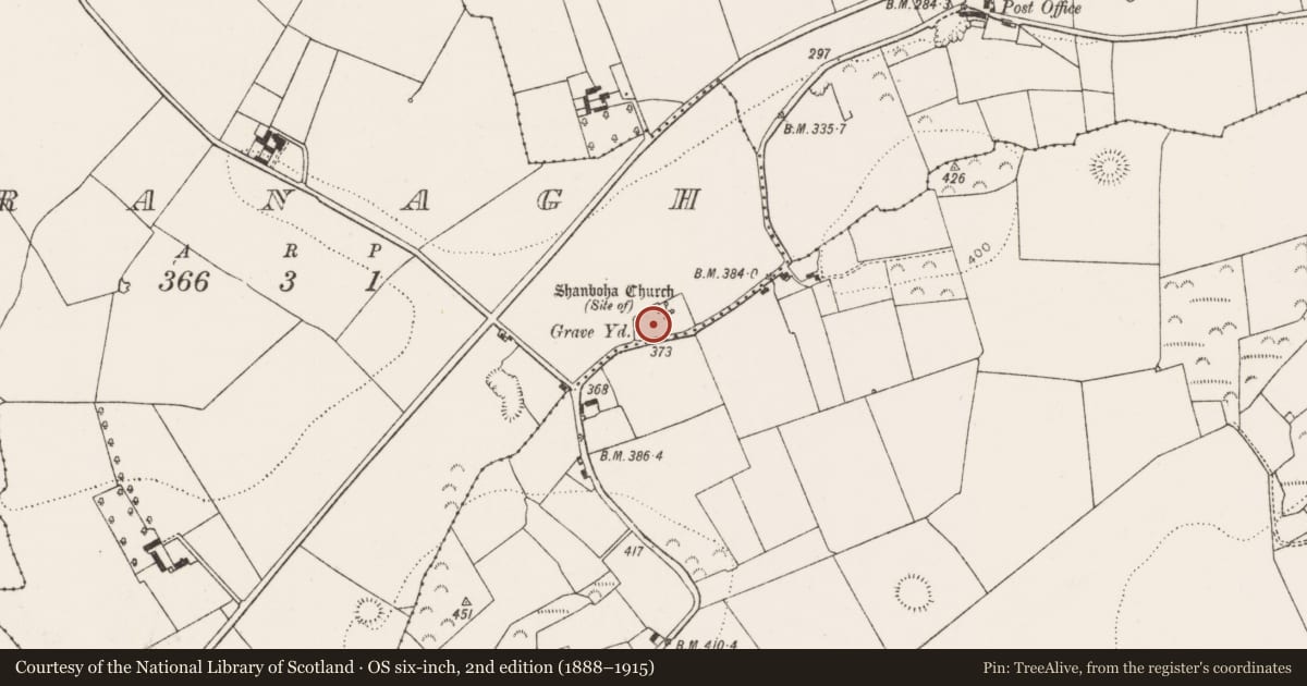Ordnance Survey six-inch map, 2nd edition (1888–1915) covering the location of Graveyard, Granagh, County Limerick, with a pin at the register's coordinates