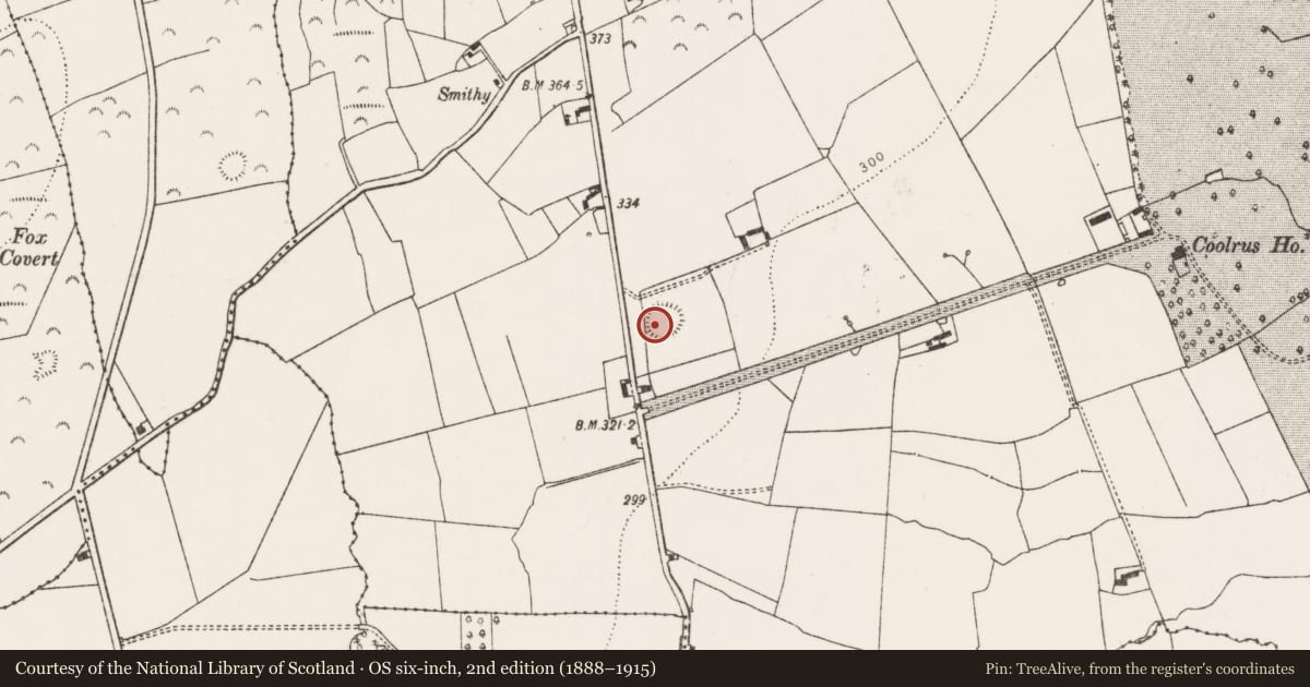 Ordnance Survey six-inch map, 2nd edition (1888–1915) covering the location of Ringfort - rath, Coolrus, County Limerick, with a pin at the register's coordinates