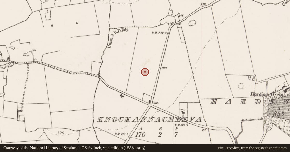 Ordnance Survey six-inch map, 2nd edition (1888–1915) covering the location of Enclosure, Knockannacreeva, County Limerick, with a pin at the register's coordinates