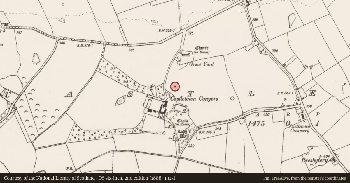 Ordnance Survey six-inch map, 2nd edition (1888–1915) covering the location of Settlement deserted - medieval, Castletown, County Limerick, with a pin at the register's coordinates
