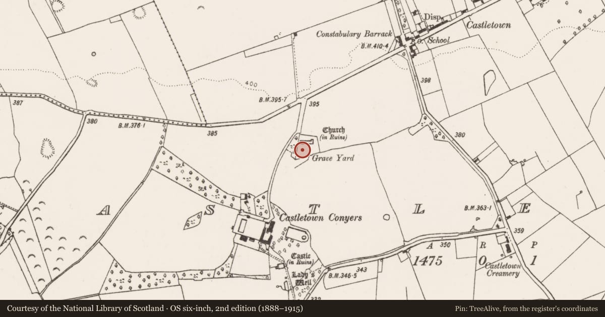 Ordnance Survey six-inch map, 2nd edition (1888–1915) covering the location of Graveyard, Castletown, County Limerick, with a pin at the register's coordinates