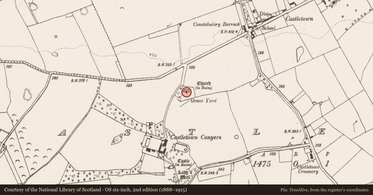 Ordnance Survey six-inch map, 2nd edition (1888–1915) covering the location of Church, Castletown, County Limerick, with a pin at the register's coordinates