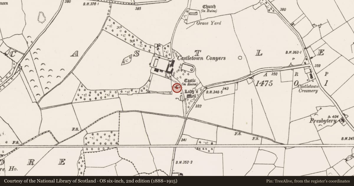 Ordnance Survey six-inch map, 2nd edition (1888–1915) covering the location of Castle - hall-house, Castletown, County Limerick, with a pin at the register's coordinates