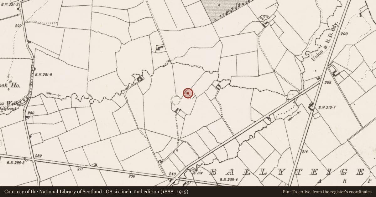 Ordnance Survey six-inch map, 2nd edition (1888–1915) covering the location of Moated site, Derraulin, County Limerick, with a pin at the register's coordinates
