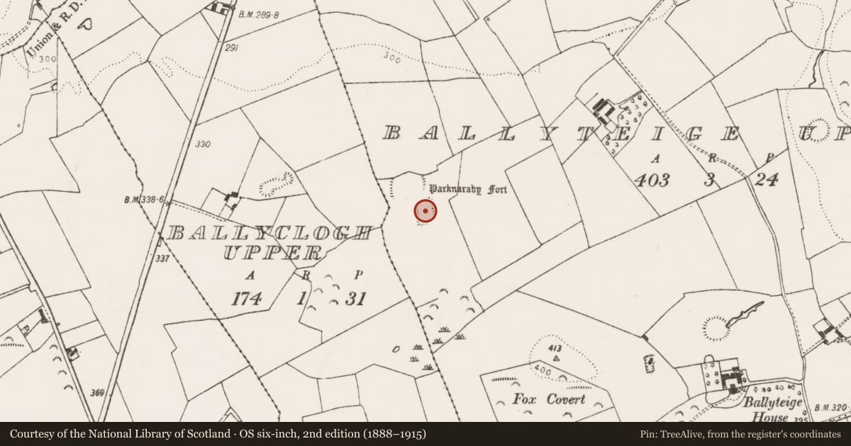 Ordnance Survey six-inch map, 2nd edition (1888–1915) covering the location of Moated site, Ballyteige Upper, County Limerick, with a pin at the register's coordinates