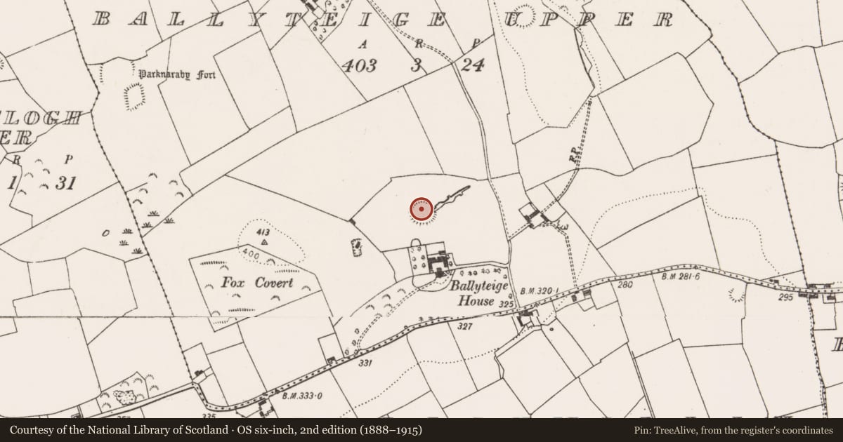 Ordnance Survey six-inch map, 2nd edition (1888–1915) covering the location of Ringfort - rath, Ballyteige Upper, County Limerick, with a pin at the register's coordinates