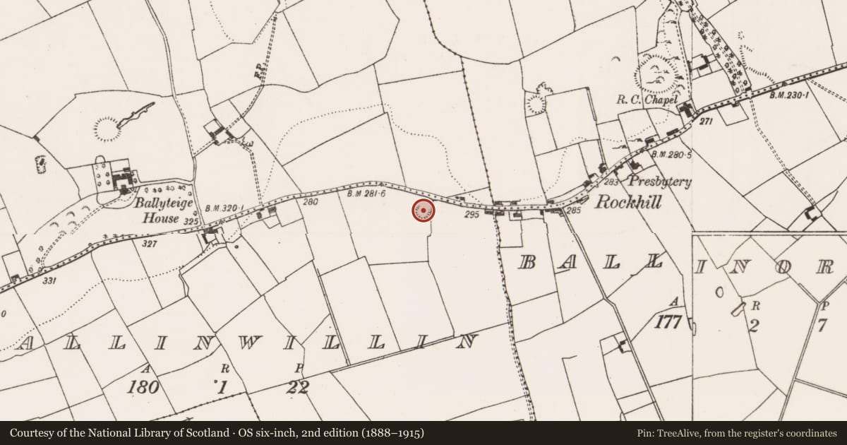 Ordnance Survey six-inch map, 2nd edition (1888–1915) covering the location of Enclosure, Ballinwillin, County Limerick, with a pin at the register's coordinates