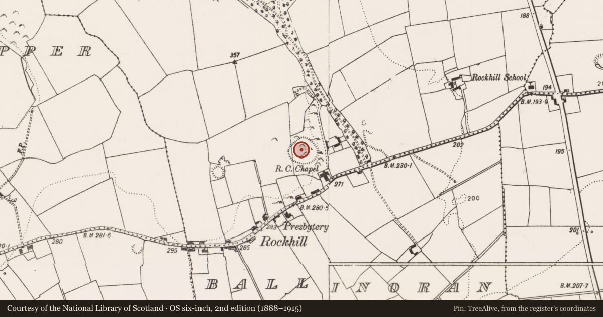 Ordnance Survey six-inch map, 2nd edition (1888–1915) covering the location of Enclosure, Ballyfookeen, County Limerick, with a pin at the register's coordinates