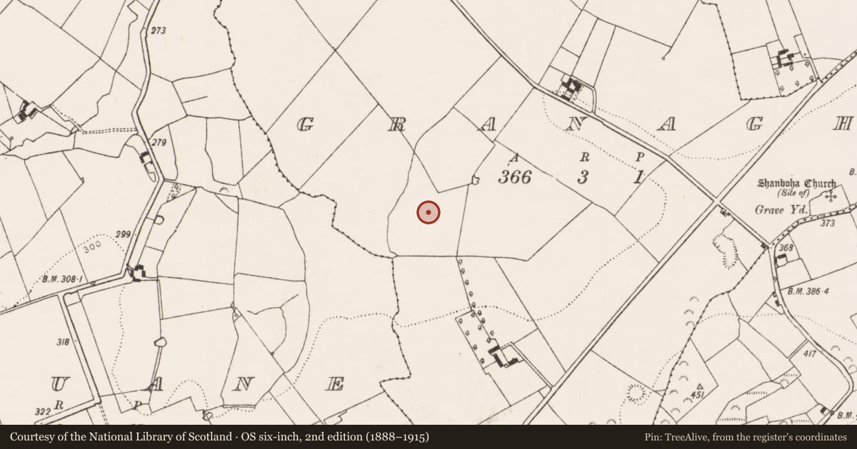 Ordnance Survey six-inch map, 2nd edition (1888–1915) covering the location of Enclosure, Granagh, County Limerick, with a pin at the register's coordinates
