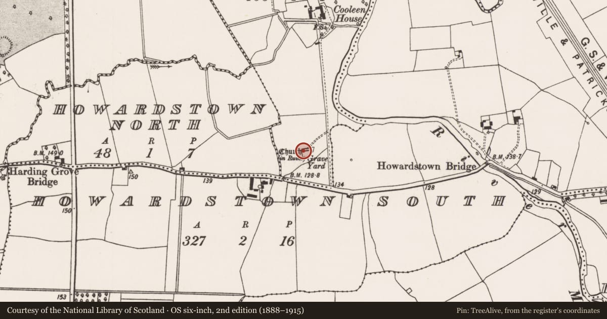 Ordnance Survey six-inch map, 2nd edition (1888–1915) covering the location of Church, Cooleen, County Limerick, with a pin at the register's coordinates