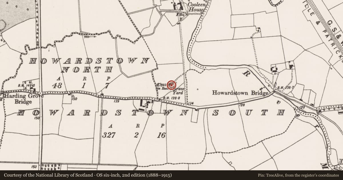 Ordnance Survey six-inch map, 2nd edition (1888–1915) covering the location of Graveyard, Cooleen, County Limerick, with a pin at the register's coordinates