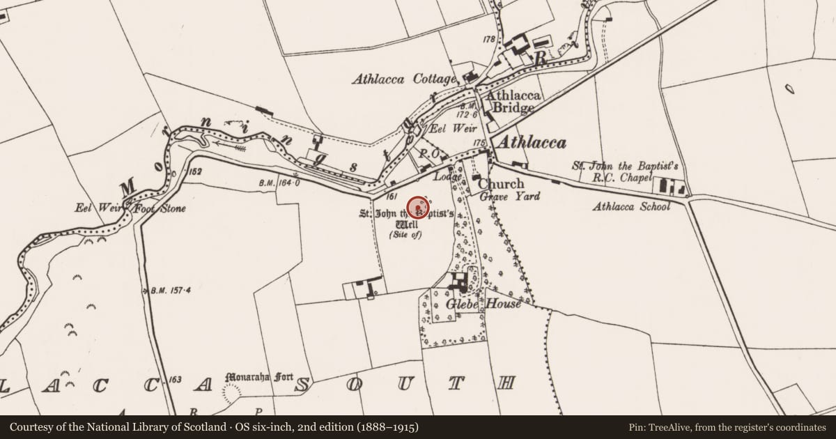 Ordnance Survey six-inch map, 2nd edition (1888–1915) covering the location of Ritual site - holy well, Athlacca South, County Limerick, with a pin at the register's coordinates