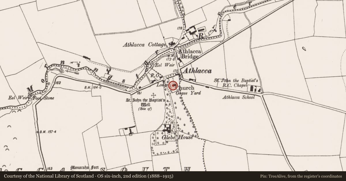 Ordnance Survey six-inch map, 2nd edition (1888–1915) covering the location of Church, Athlacca South, County Limerick, with a pin at the register's coordinates