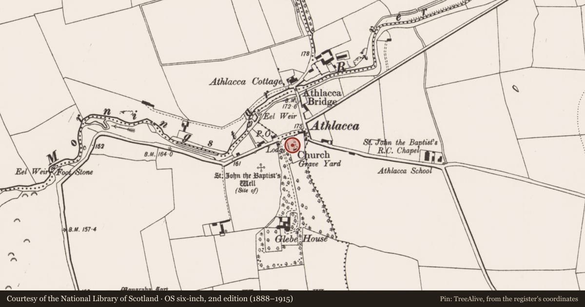 Ordnance Survey six-inch map, 2nd edition (1888–1915) covering the location of Graveyard, Athlacca South, County Limerick, with a pin at the register's coordinates