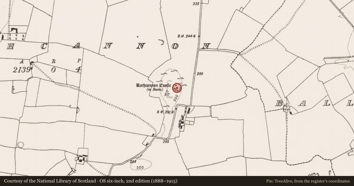 Ordnance Survey six-inch map, 2nd edition (1888–1915) covering the location of Bawn, Rathcannon, County Limerick, with a pin at the register's coordinates