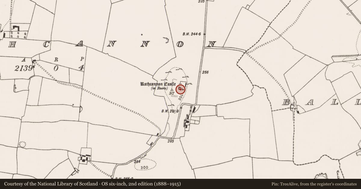 Ordnance Survey six-inch map, 2nd edition (1888–1915) covering the location of Castle - tower house, Rathcannon, County Limerick, with a pin at the register's coordinates