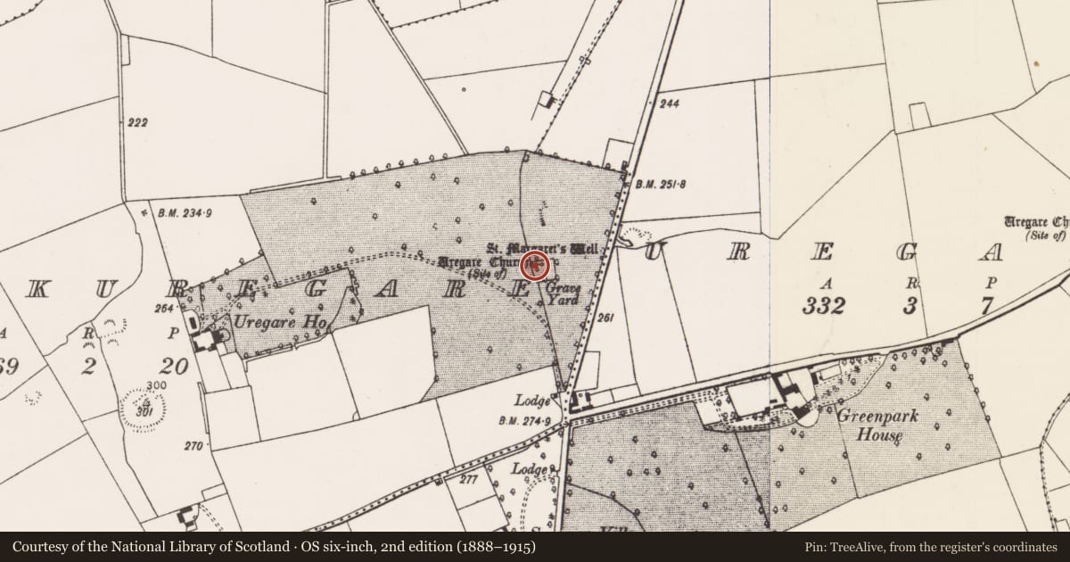 Ordnance Survey six-inch map, 2nd edition (1888–1915) covering the location of Church, Knockuregare, County Limerick, with a pin at the register's coordinates